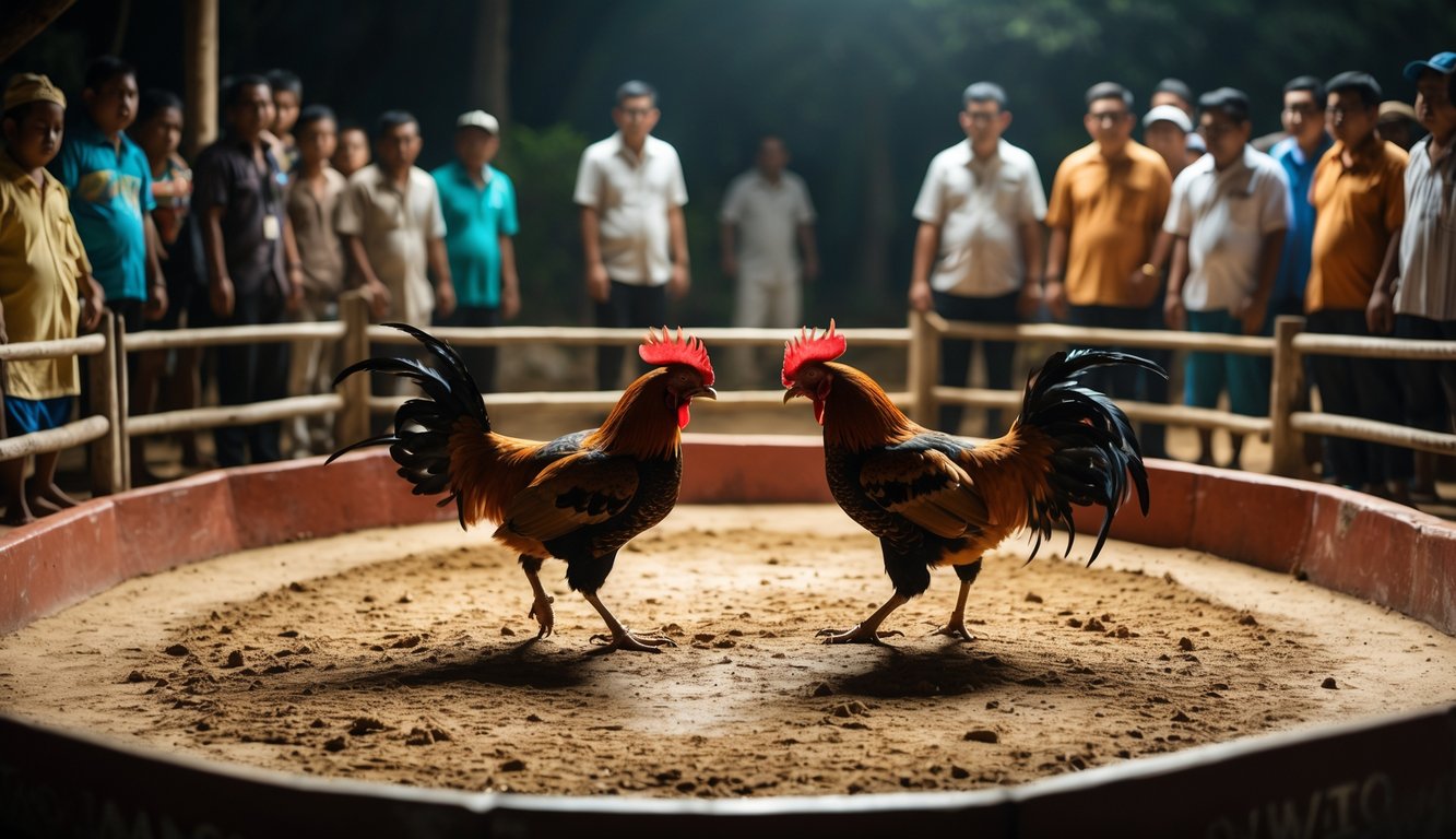 Dua ayam jago bertarung di arena melingkar dengan penonton yang memperhatikan di sekelilingnya.