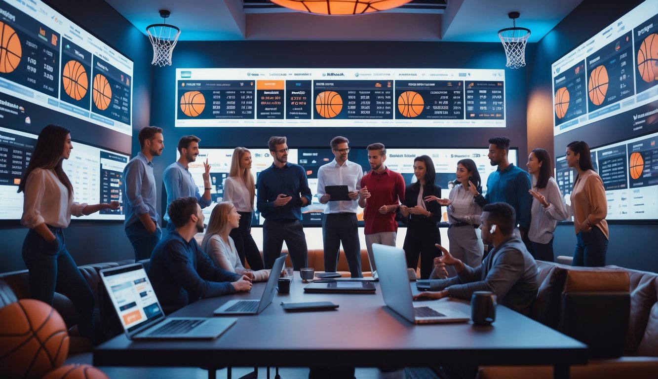 Sekelompok orang muda sedang melihat layar besar menampilkan statistik dan skor pertandingan bola basket di sebuah ruang santai olahraga modern.