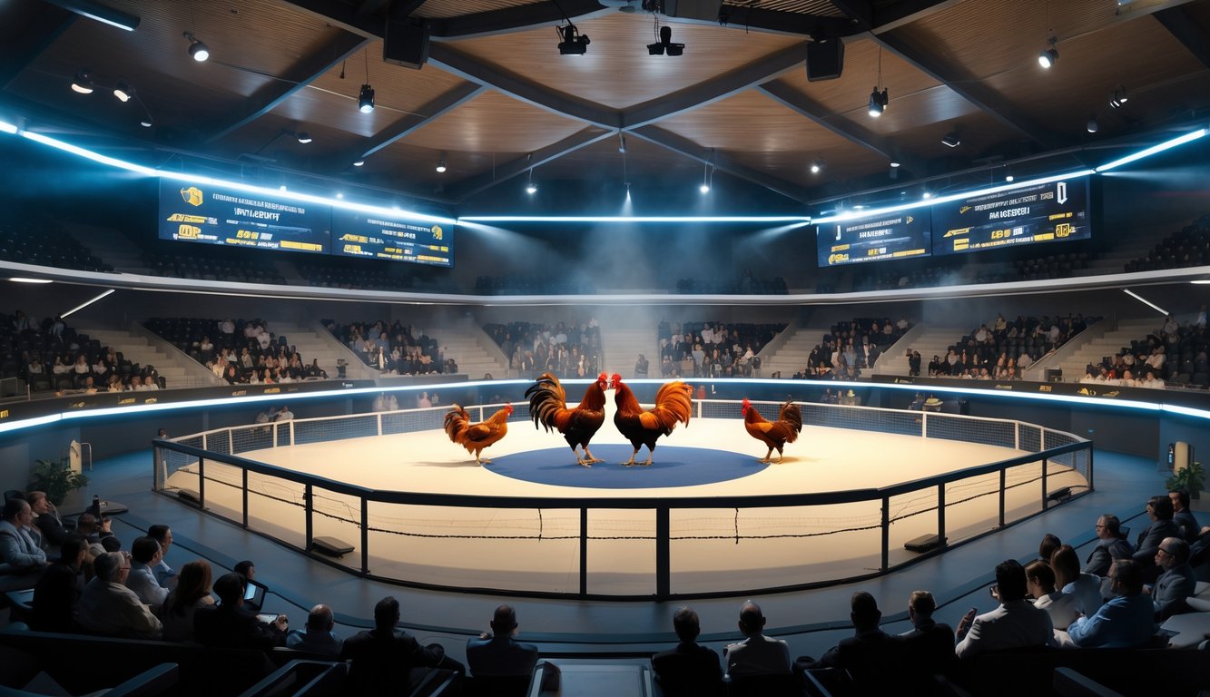 Arena adu ayam modern dengan dua ayam sedang bertarung di tengah dan penonton memperhatikan dengan seksama.