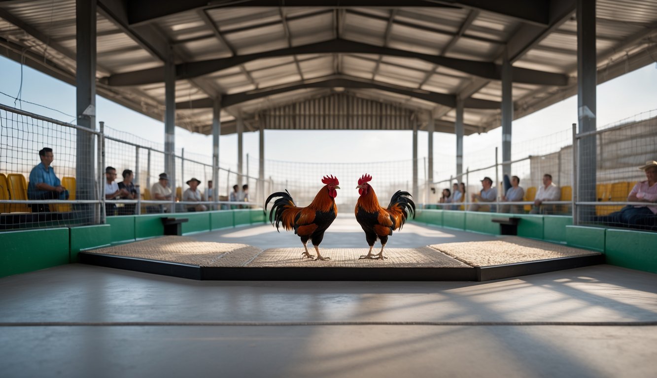 Arena sabung ayam modern dengan akses yang stabil dan dua ayam jago siap bertarung di tengah, dikelilingi oleh penonton.