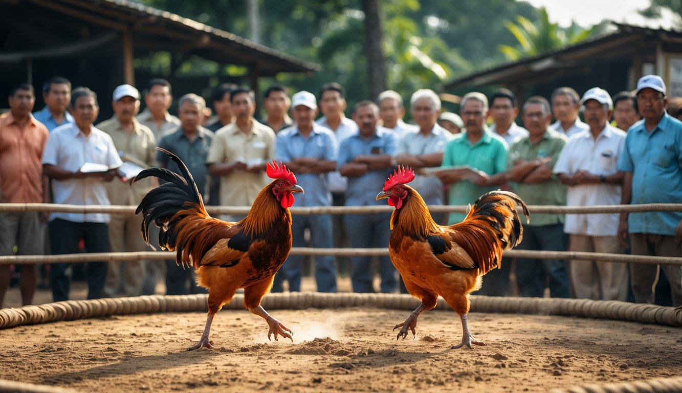 Dua ayam jago sedang bertarung di arena melingkar dengan penonton yang mengamati di sekelilingnya.