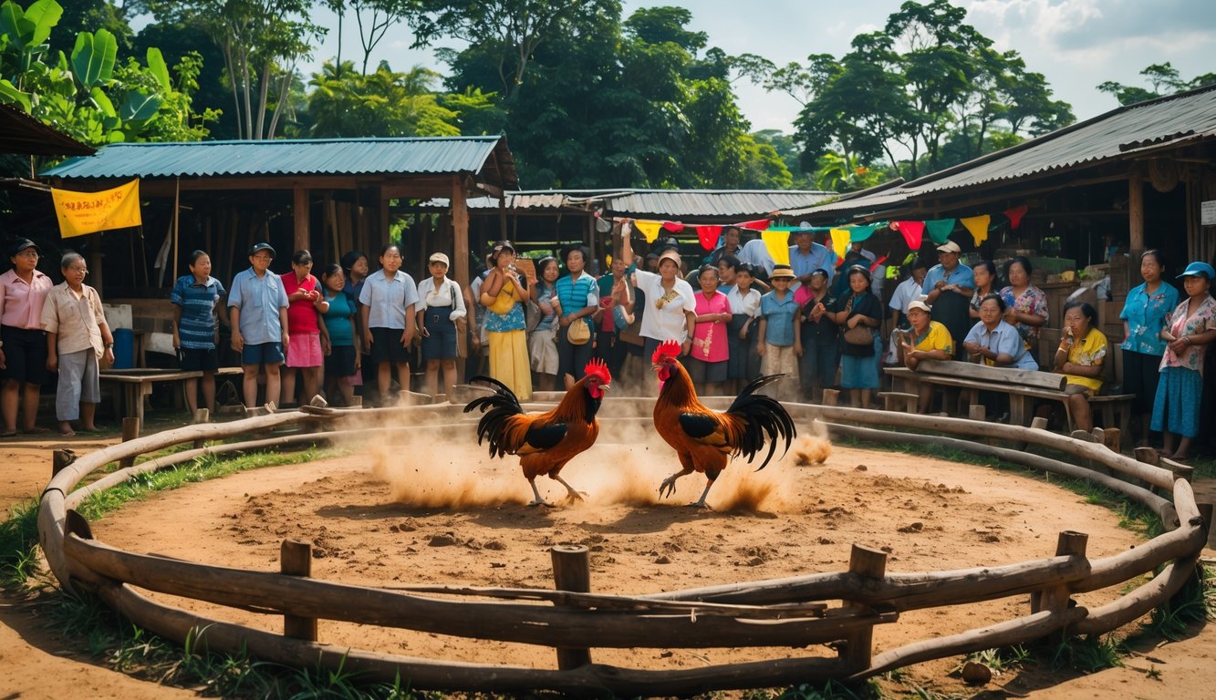 Arena sabung ayam aktif dengan dua ayam jago bertarung di tengah dan penonton yang antusias mengelilingi arena.