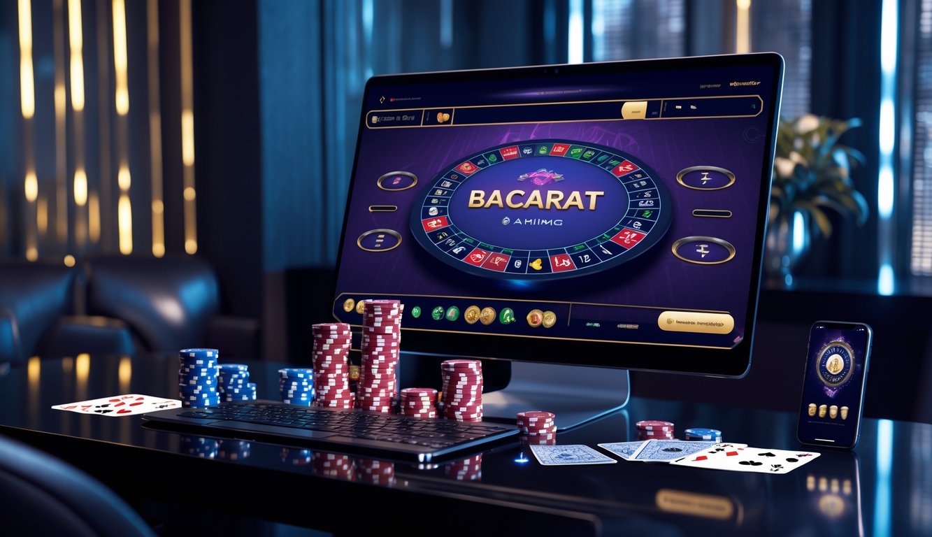 Suasana permainan baccarat online dengan komputer, kartu, dan chip di meja yang rapi.
