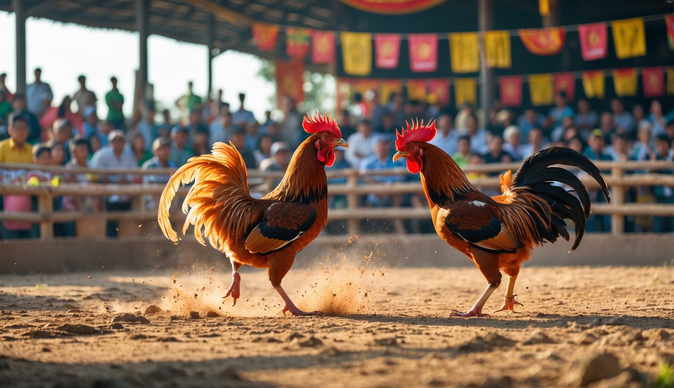 Dua ayam bertarung dalam pertandingan sabung ayam dengan penonton yang memperhatikan di latar belakang.