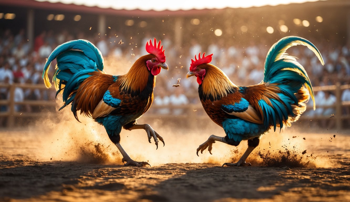 Dua ayam jago sedang bertarung di arena dengan latar belakang penonton.