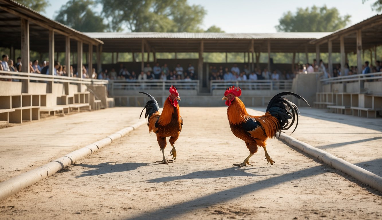 Arena sabung ayam yang teratur dengan akses masuk yang konsisten dan dua ayam jago sedang bertarung di tengah arena.