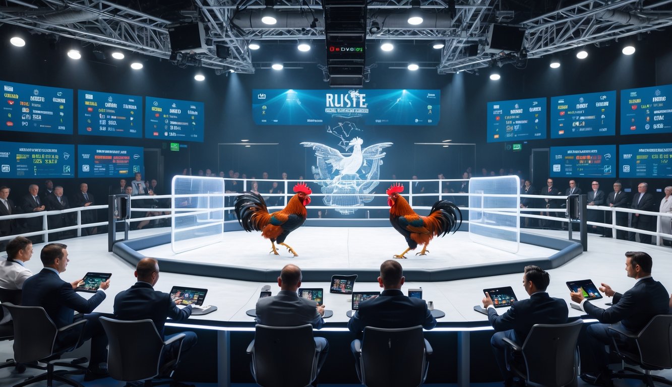 Dua ayam aduan sedang bertarung di arena modern dengan penonton menggunakan perangkat digital dan layar data di sekitar.