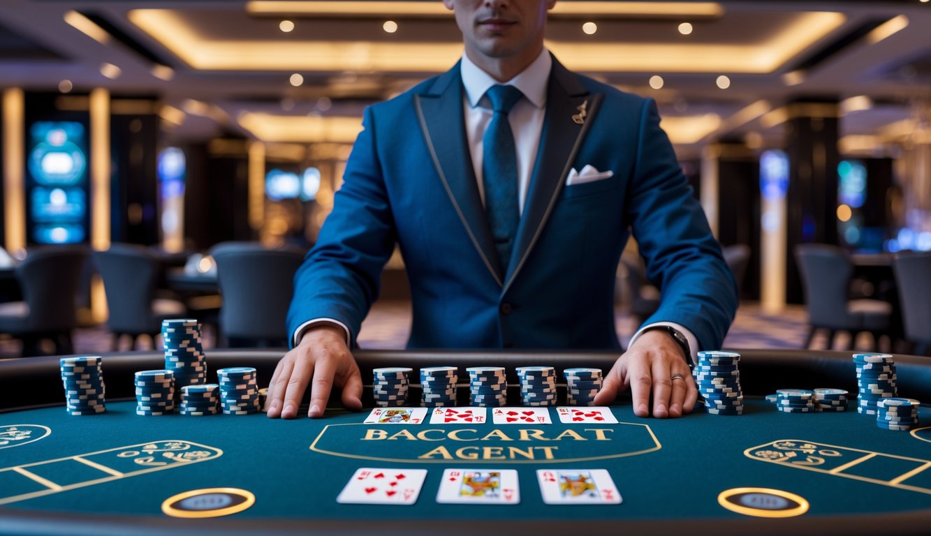 Seorang dealer profesional di meja baccarat di dalam kasino modern dengan suasana yang aman dan terpercaya.