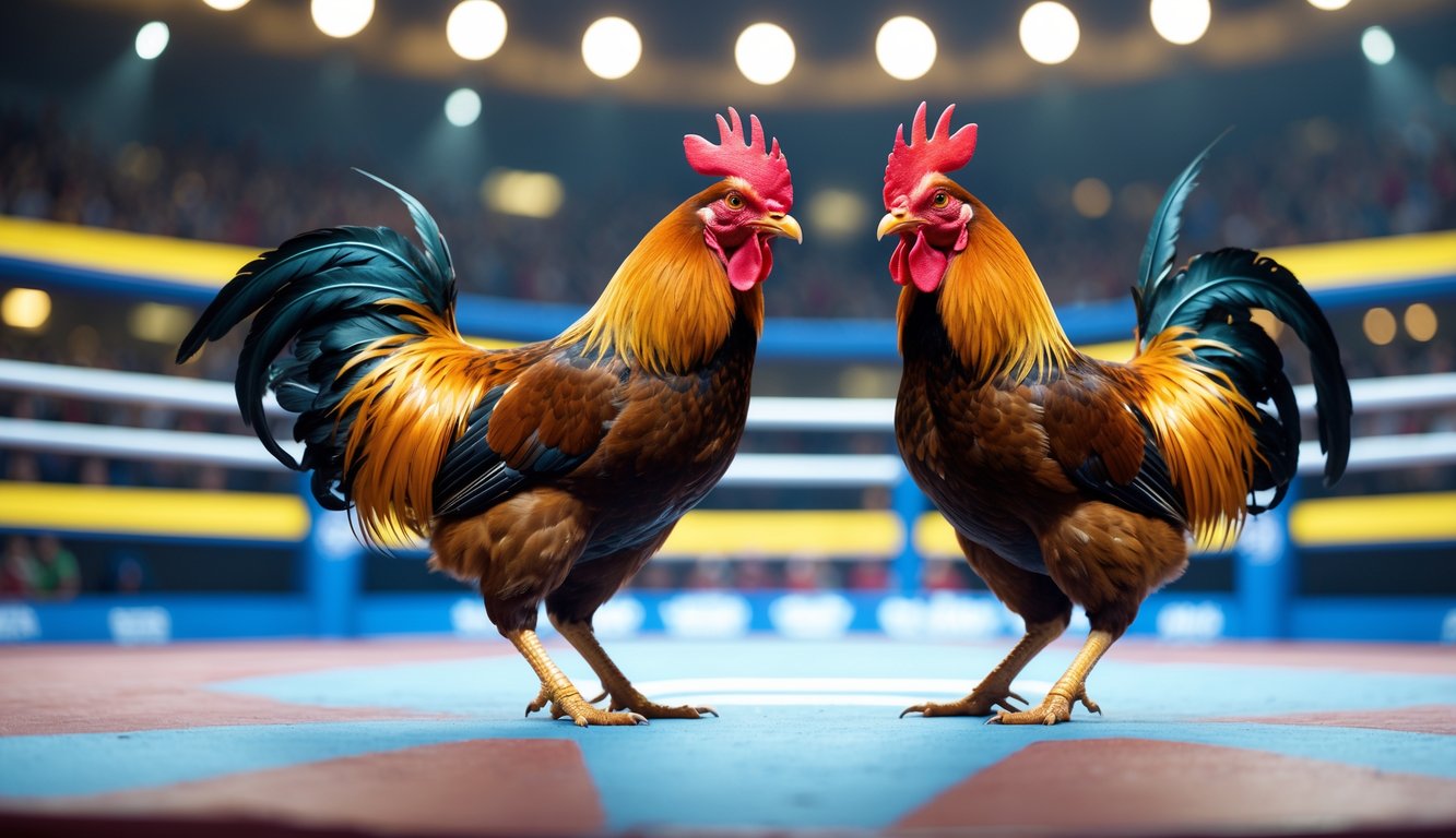 Dua ayam jantan berwarna cerah sedang bertarung di arena dengan latar belakang penonton kabur.