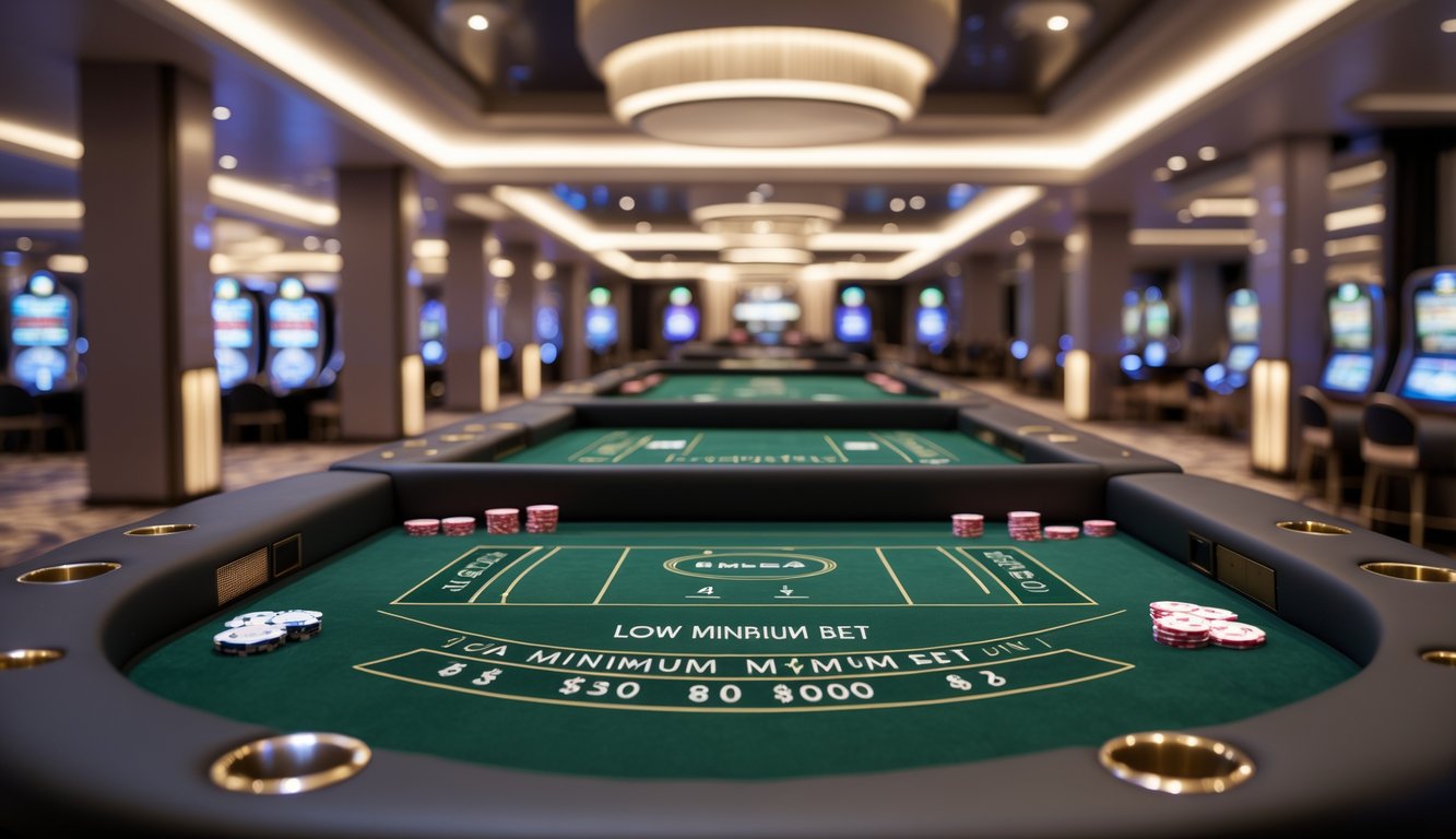 Meja baccarat modern dengan desain minimalis dan taruhan rendah di kasino mewah.