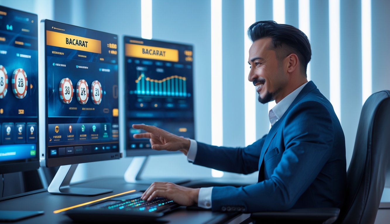 Seorang pemain dewasa duduk di depan komputer dengan tampilan permainan baccarat online dan grafik kemenangan tinggi di layar.