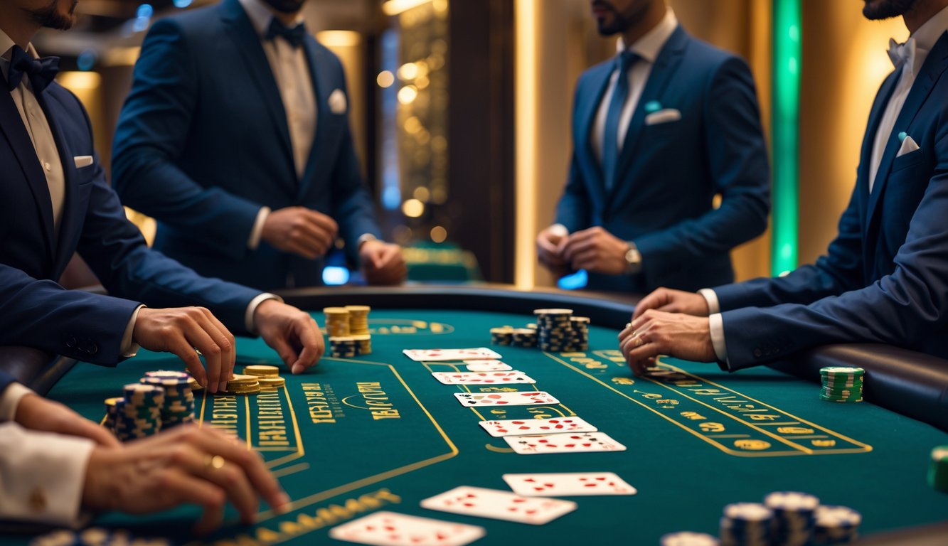 Meja baccarat dengan pemain yang sedang bermain di kasino modern yang mewah.