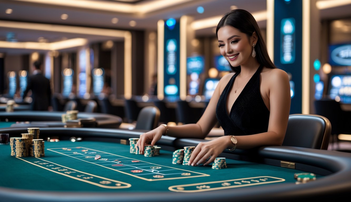 Seorang dealer wanita profesional sedang membagikan kartu di meja baccarat di kasino modern.
