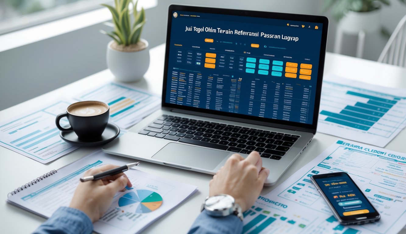 Seseorang sedang menggunakan laptop di meja kerja dengan tampilan situs judi togel online dan beberapa catatan serta smartphone di sekitarnya.