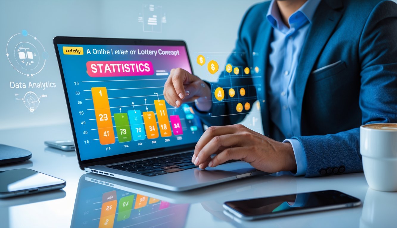 Seseorang sedang menggunakan laptop di meja kerja modern dengan grafik statistik warna-warni yang menampilkan data togel online.