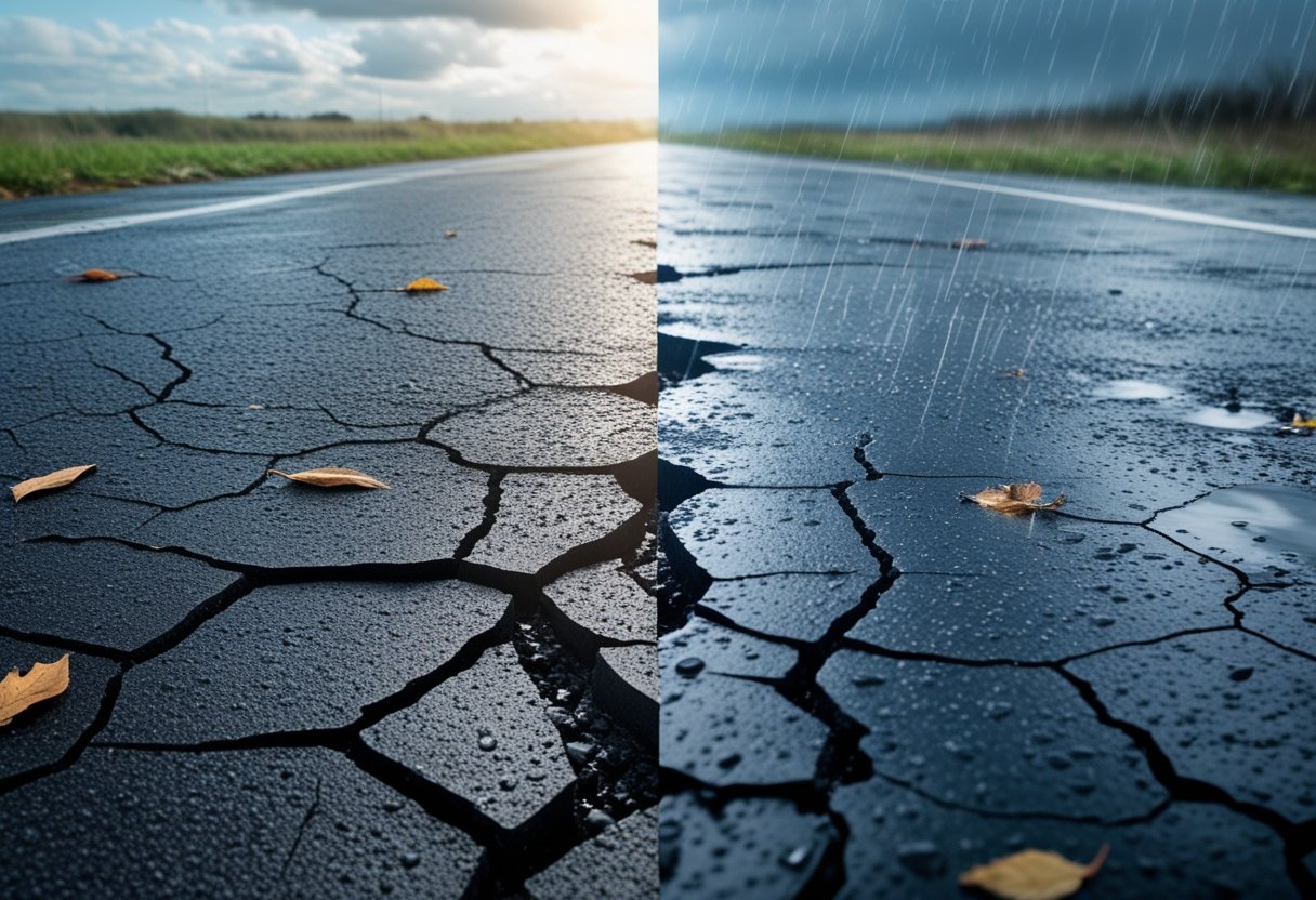 Close-up of a cracked and damaged asphalt road surface with rain on one side and sunlight on the other, showing weather effects on the pavement.