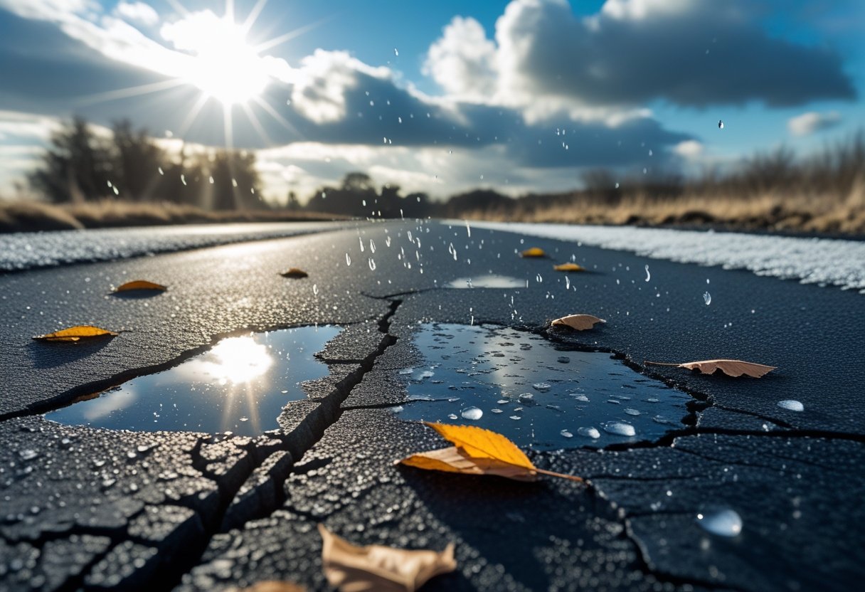 Close-up of a cracked asphalt road with sunlight, raindrops, frost, and leaves showing weather effects on the surface.