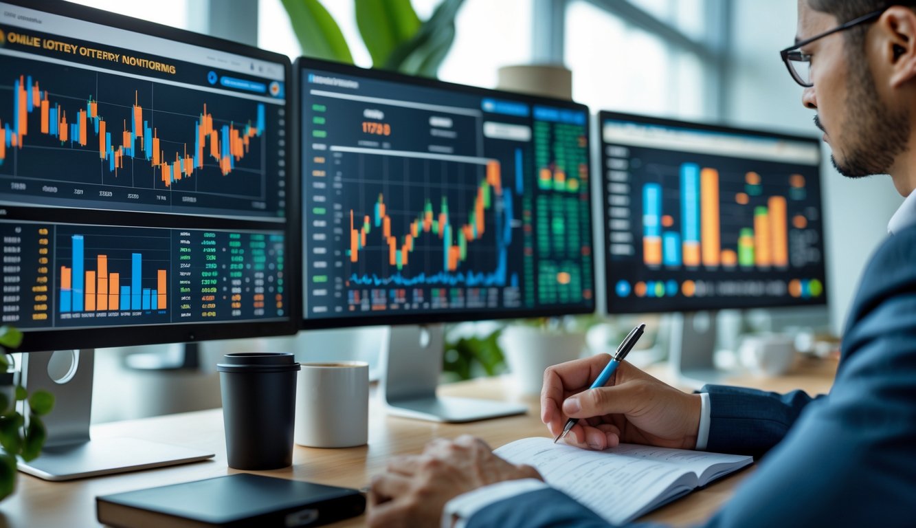 Seorang individu sedang bekerja di depan beberapa monitor komputer yang menampilkan data dan grafik terkait pasar togel online, di sebuah ruang kerja modern.