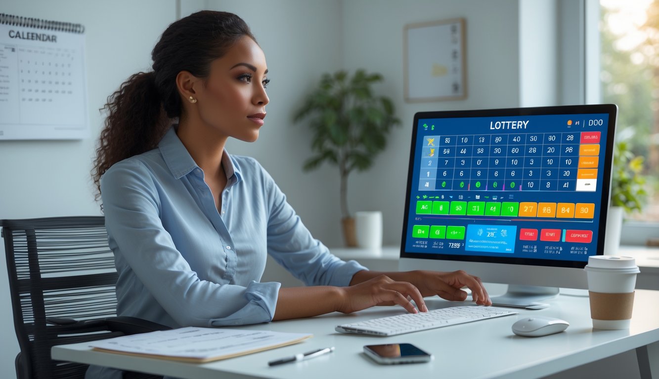 Seorang wanita muda duduk di meja kerja dengan laptop yang menampilkan data angka lotere, di ruang kerja rumah yang terang dan rapi.