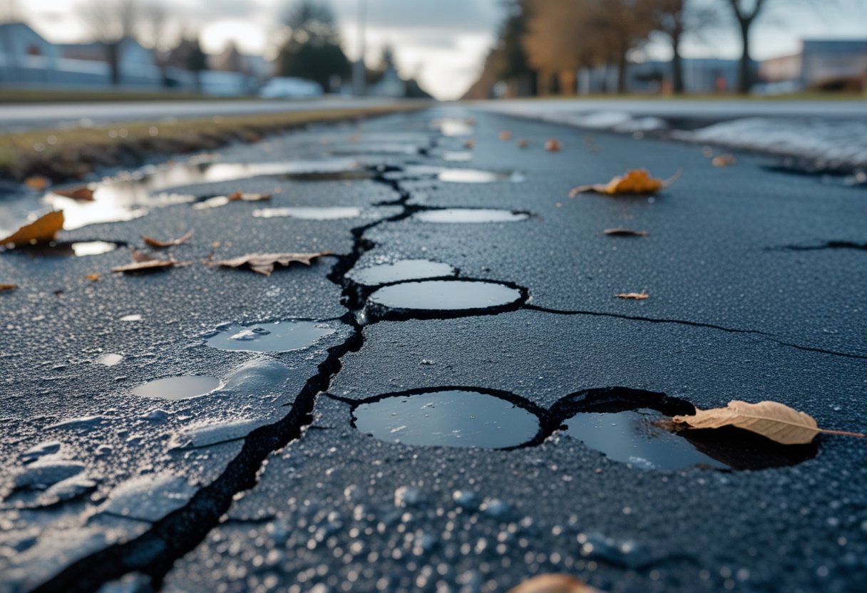 Close-up of a cracked and damaged asphalt road surface with water puddles, fallen leaves, and frost patches under a cloudy sky.