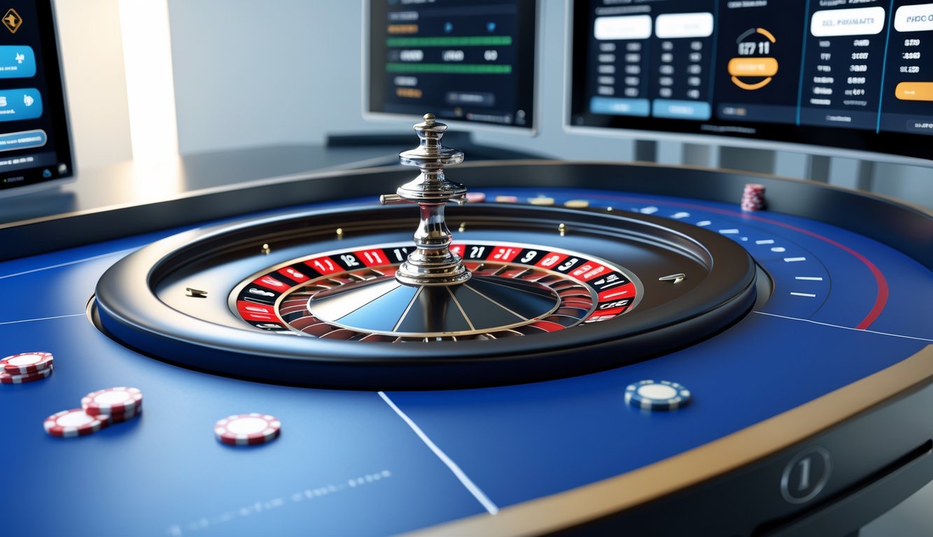 Meja roulette modern dengan roda putar dinamis dan tampilan digital di sekitarnya.