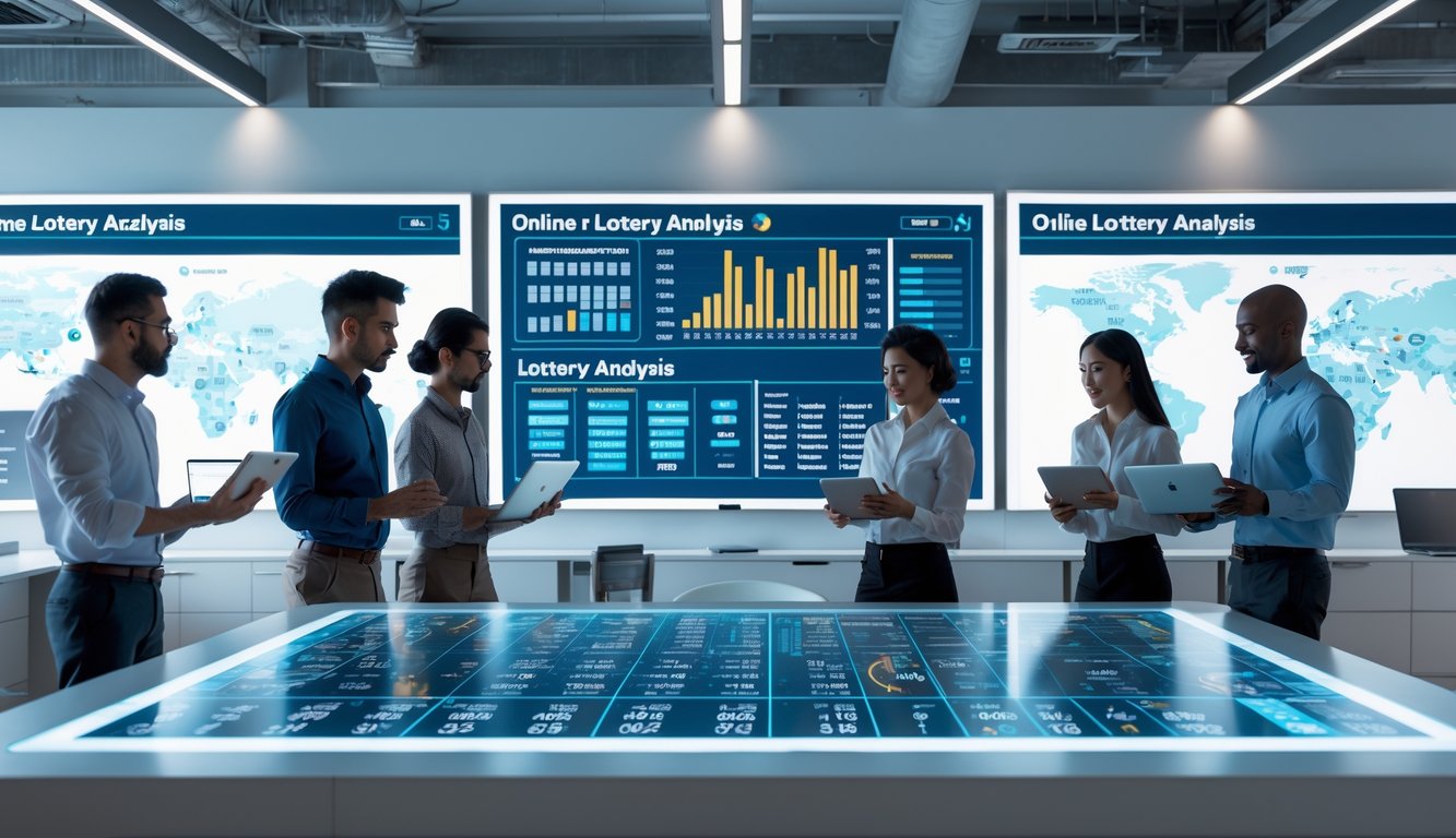 Sekelompok orang bekerja bersama di ruang kantor dengan layar digital besar menampilkan data angka lotre.