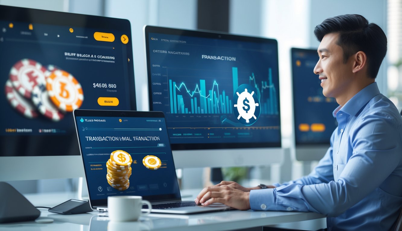 Seorang pria Asia di kantor modern menggunakan laptop dan ponsel untuk melakukan transaksi keuangan dengan cepat.