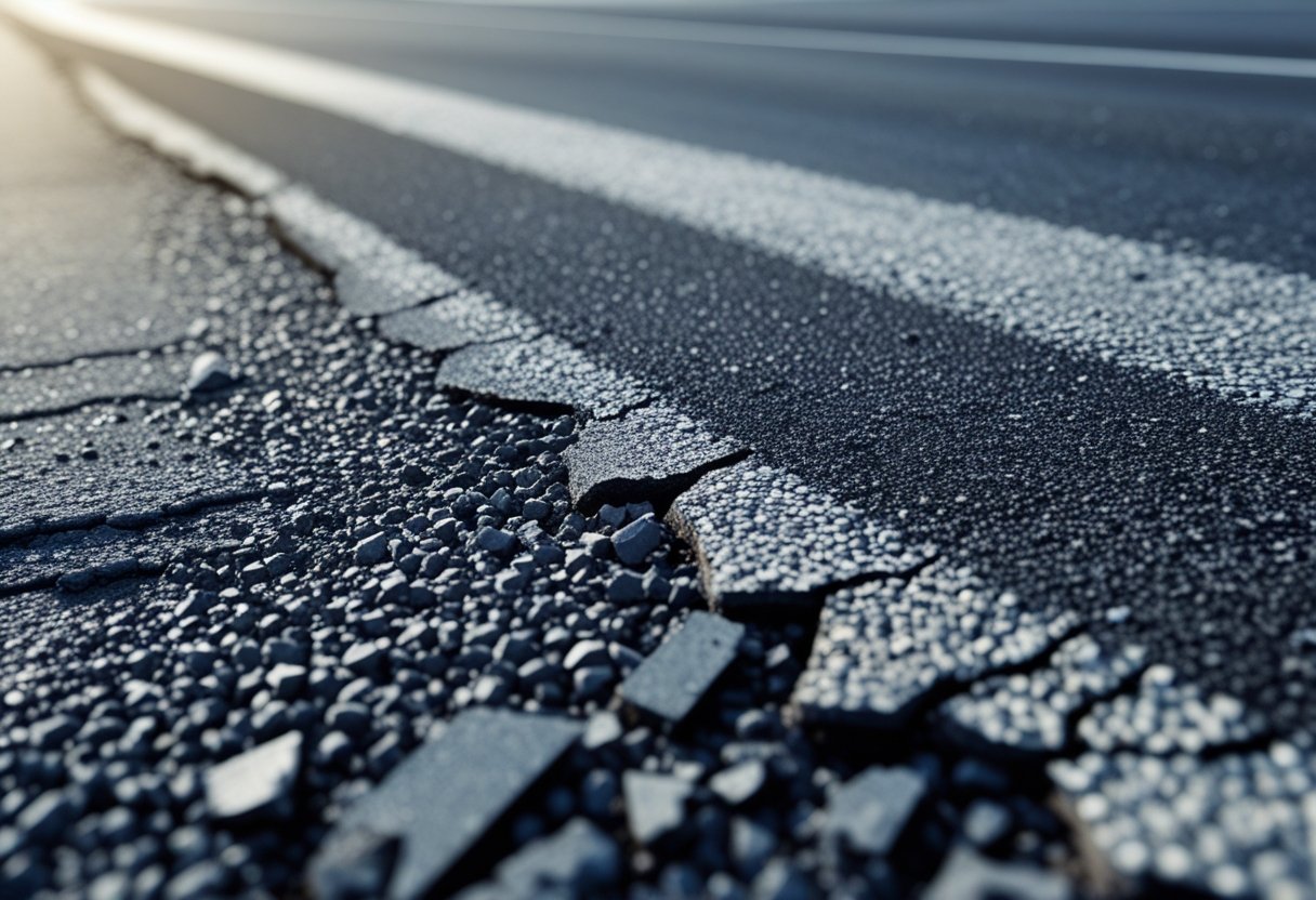 Close-up of an asphalt road surface showing signs of wear and loose gravel.