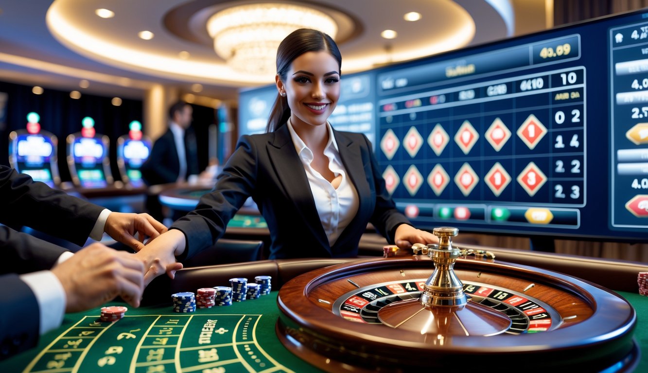 Seorang dealer wanita sedang memutar roda roulette di meja kasino dengan pemain yang memasang chip secara virtual.