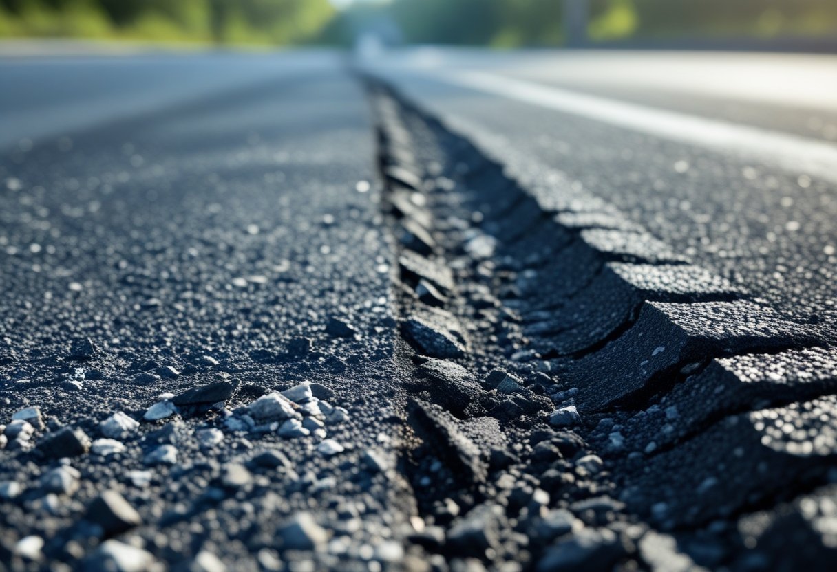Close-up of an asphalt road surface showing signs of wear and loose gravel.