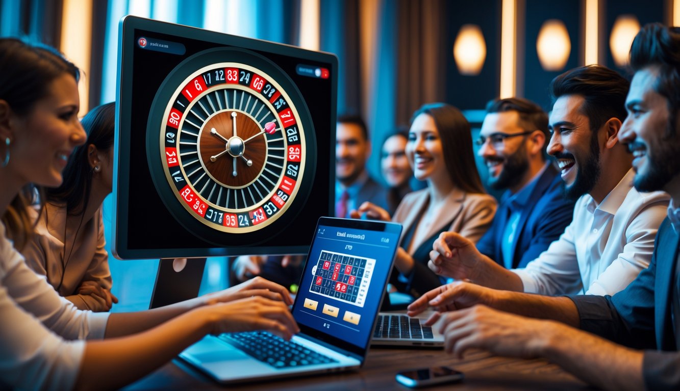 Beberapa orang sedang bermain roulette online secara real-time dengan komputer dan ponsel di ruangan yang modern dan terang.