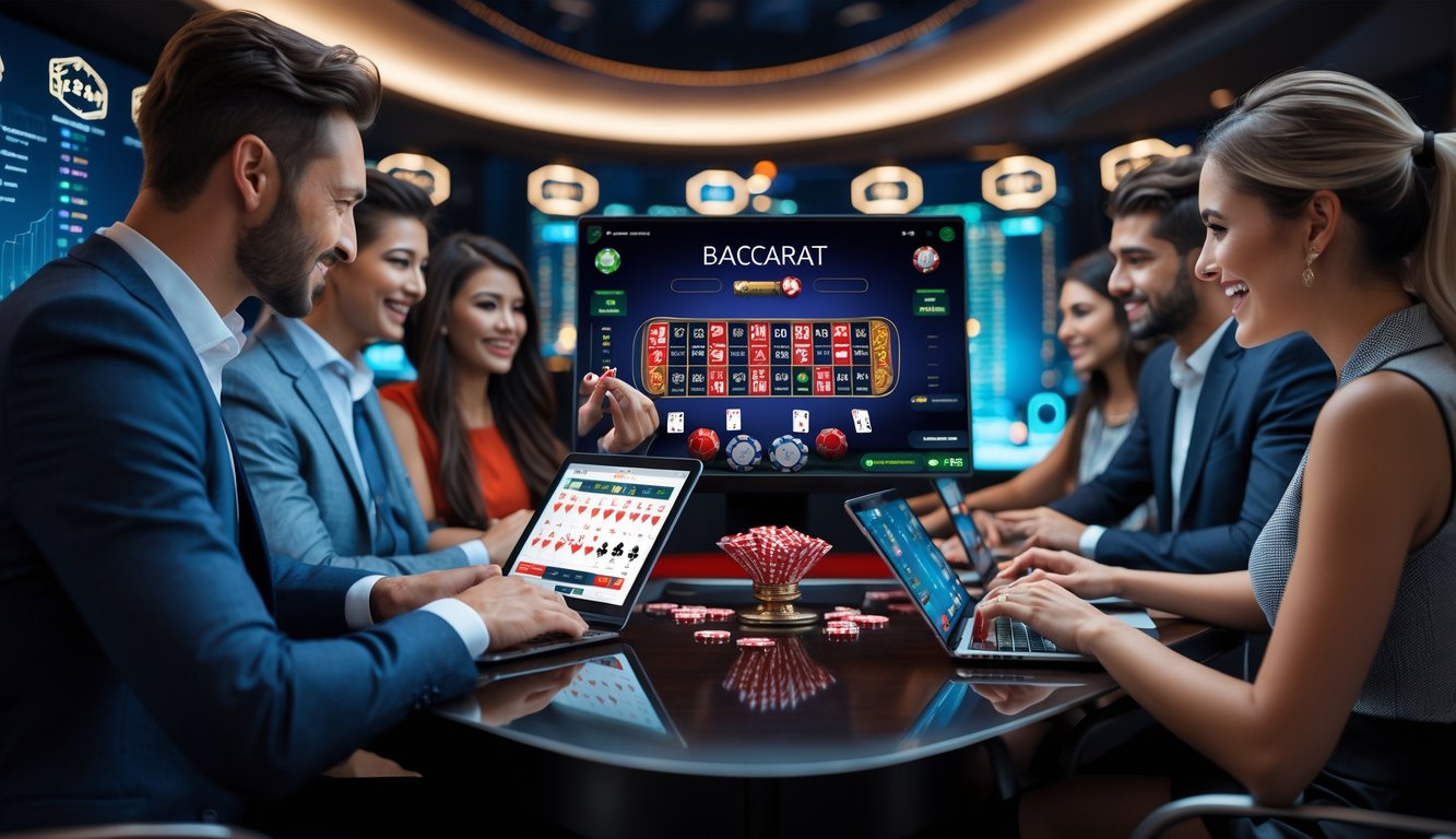 Sekelompok orang muda sedang bermain baccarat online di ruang kerja modern dengan monitor besar menampilkan permainan kartu dan chip.