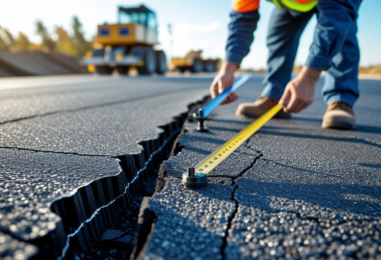 A worker in a hard hat and safety vest examining edge cracks in asphalt pavement outdoors.