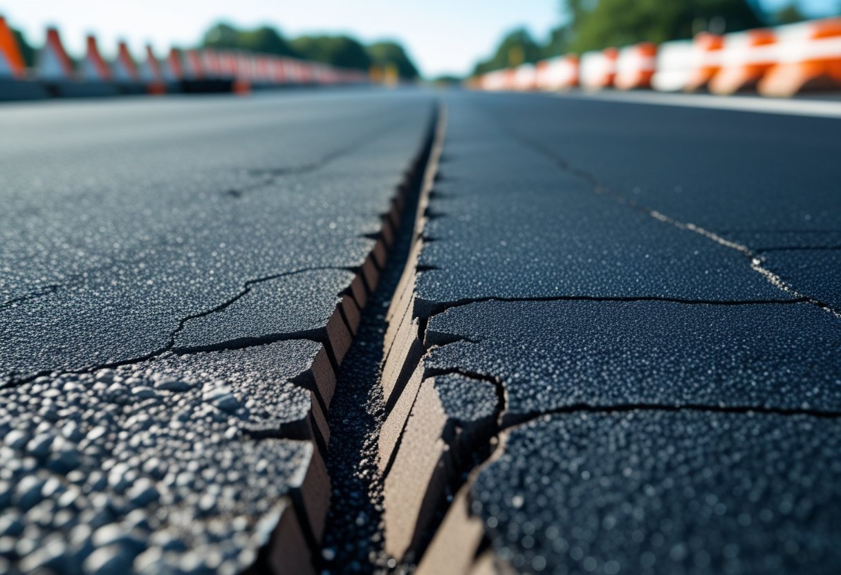 Close-up aerial view of an asphalt road showing edge cracks along the sides with construction cones nearby.