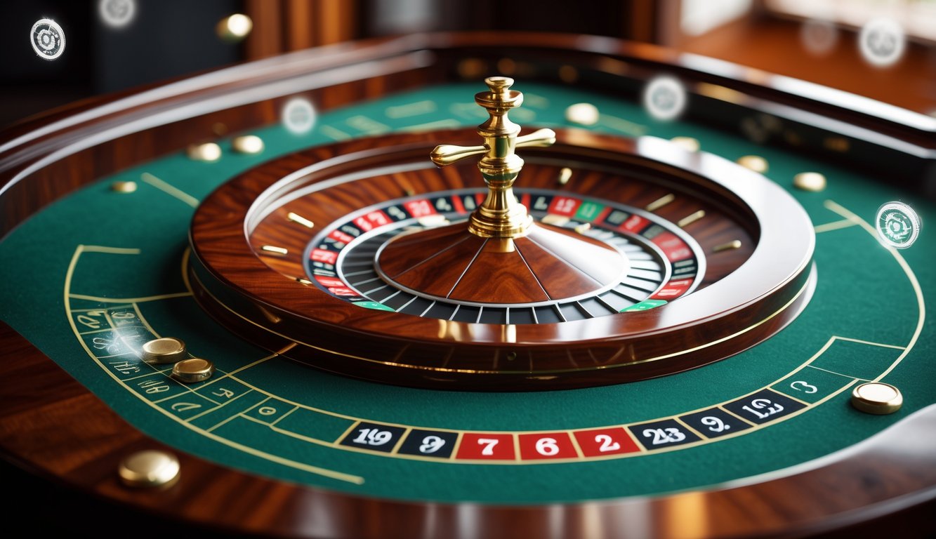 Meja roulette online dengan roda roulette yang berputar dan tampilan meja yang elegan.