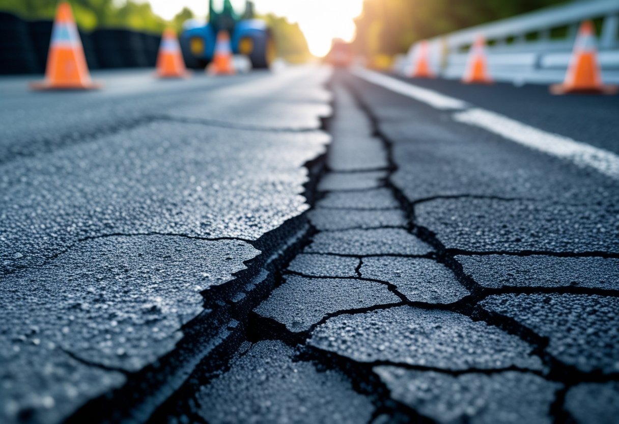Close-up of an asphalt road edge showing visible cracks with construction equipment in the background.