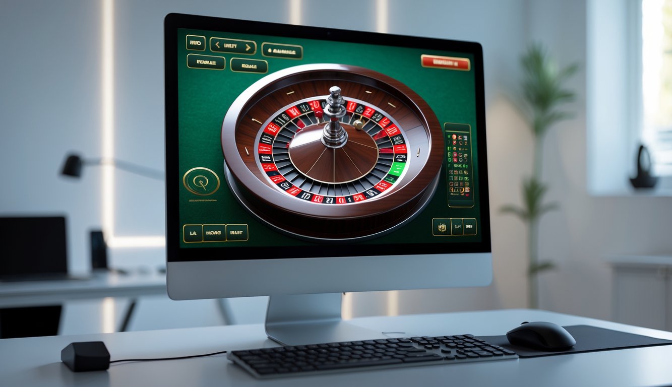 Sebuah layar komputer menampilkan permainan roulette online dengan tampilan roda roulette digital yang jelas dan stabil di sebuah ruang kerja modern.
