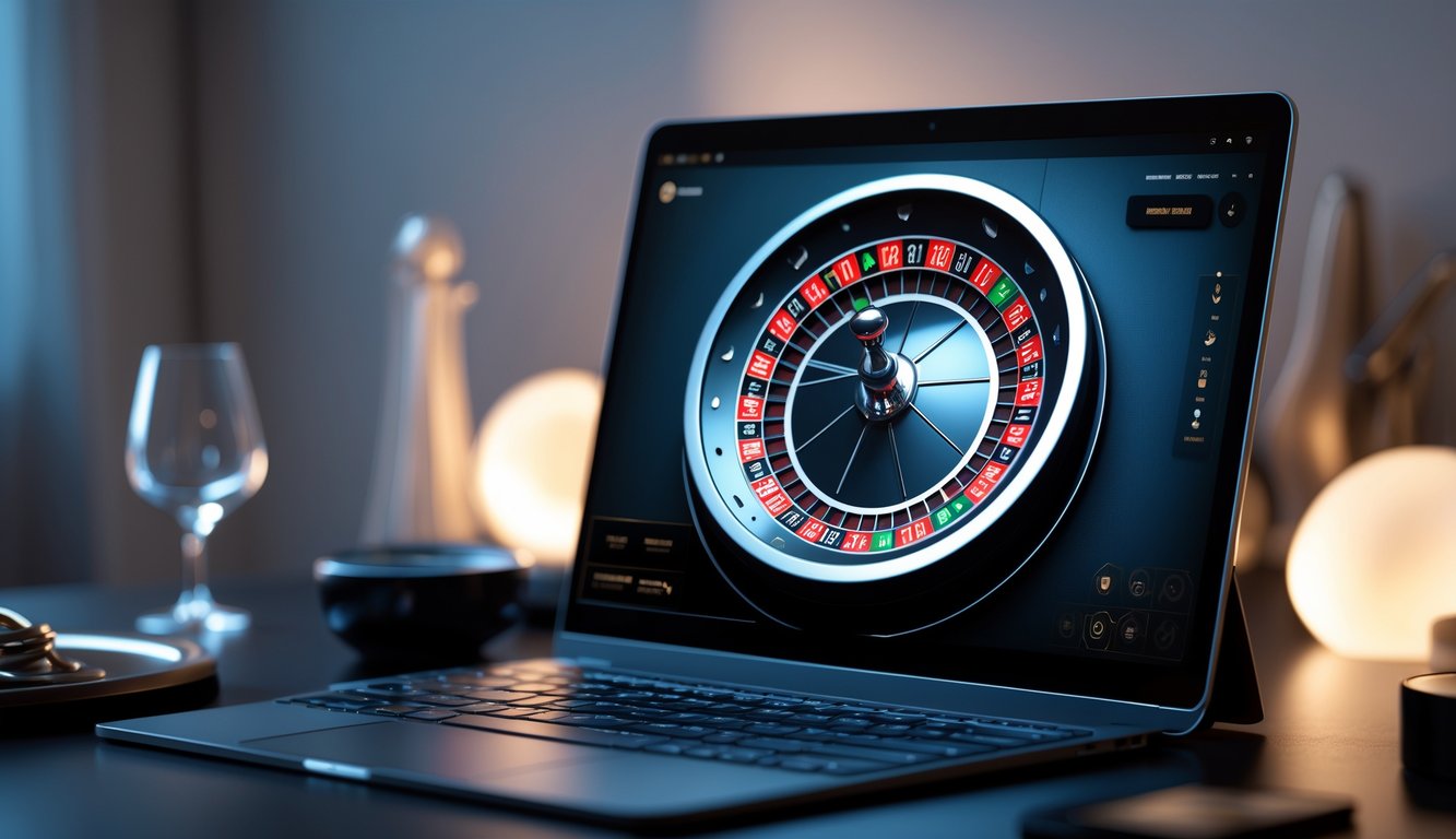 Sebuah meja dengan perangkat digital menampilkan roda roulette online yang berputar, dikelilingi pencahayaan lembut dan dekorasi minimalis.