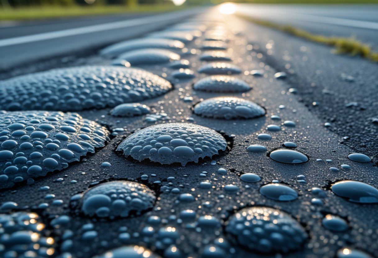 Close-up of an asphalt road surface showing visible bubbles and blisters on the pavement.