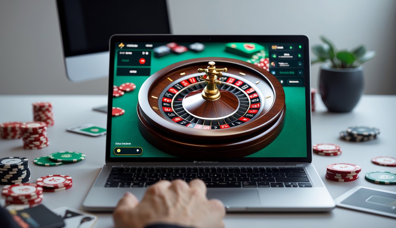 Sebuah layar komputer menampilkan permainan roulette online dengan roda roulette berputar dan chip judi di sekitarnya.