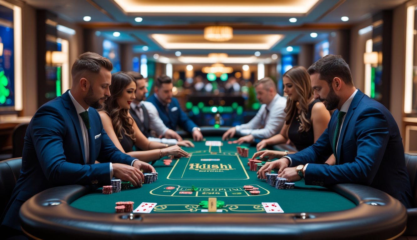 Meja poker mewah dengan pemain yang sedang bermain di kasino dengan dekorasi bertema Irlandia.