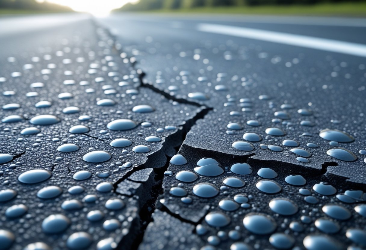 Close-up view of an asphalt road surface showing bubbles and blisters on the pavement.