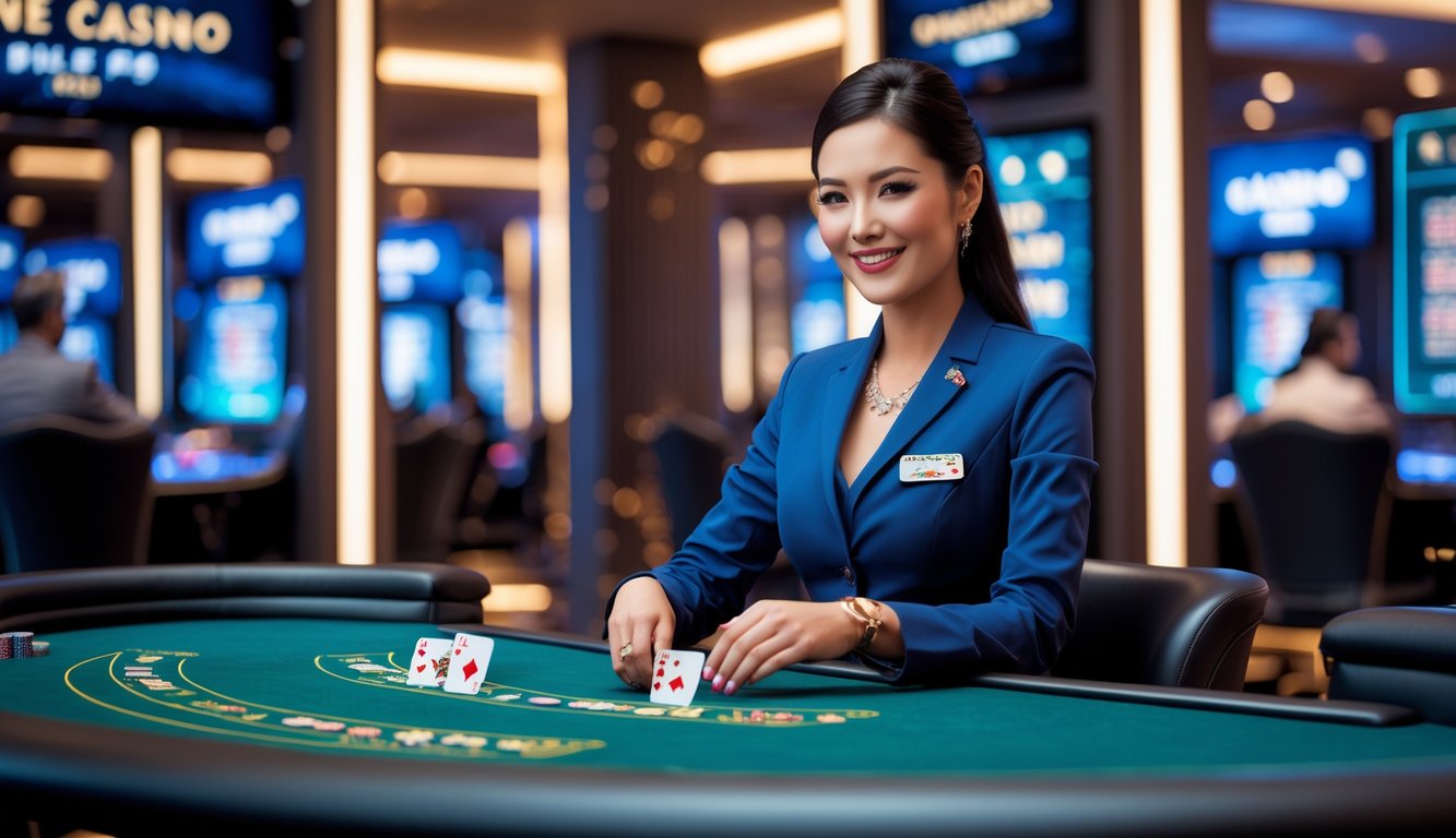 Seorang dealer wanita berpengalaman sedang mengatur kartu di meja kasino online dengan latar belakang suasana kasino modern.