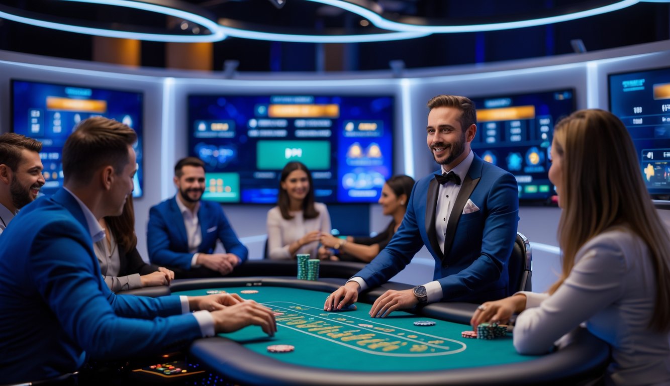 Seorang dealer langsung di meja kasino modern dengan beberapa pemain yang bermain secara online menggunakan perangkat digital.