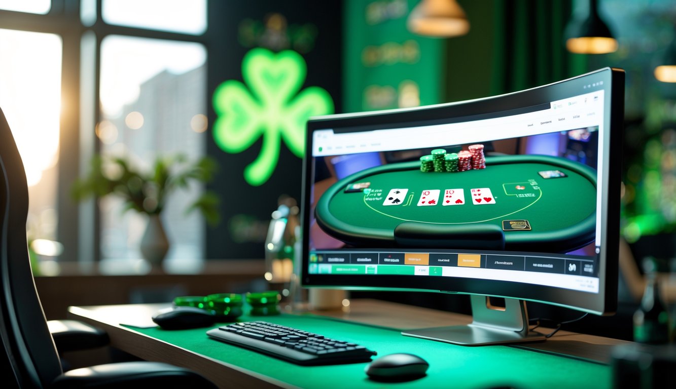 Sebuah setup permainan poker online modern dengan monitor besar menampilkan meja poker, chip, dan kartu, dengan elemen bertema Irlandia di latar belakang.