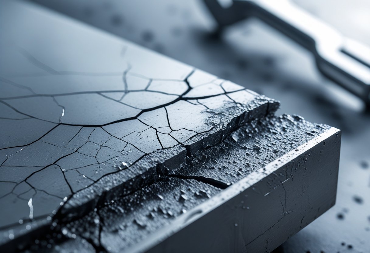 Close-up of a metal surface showing fine cracks and stress fractures with blurred industrial tools in the background.