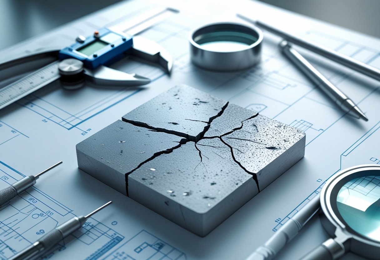 Close-up of a cracked metal surface with engineering tools and blueprints on a workspace.