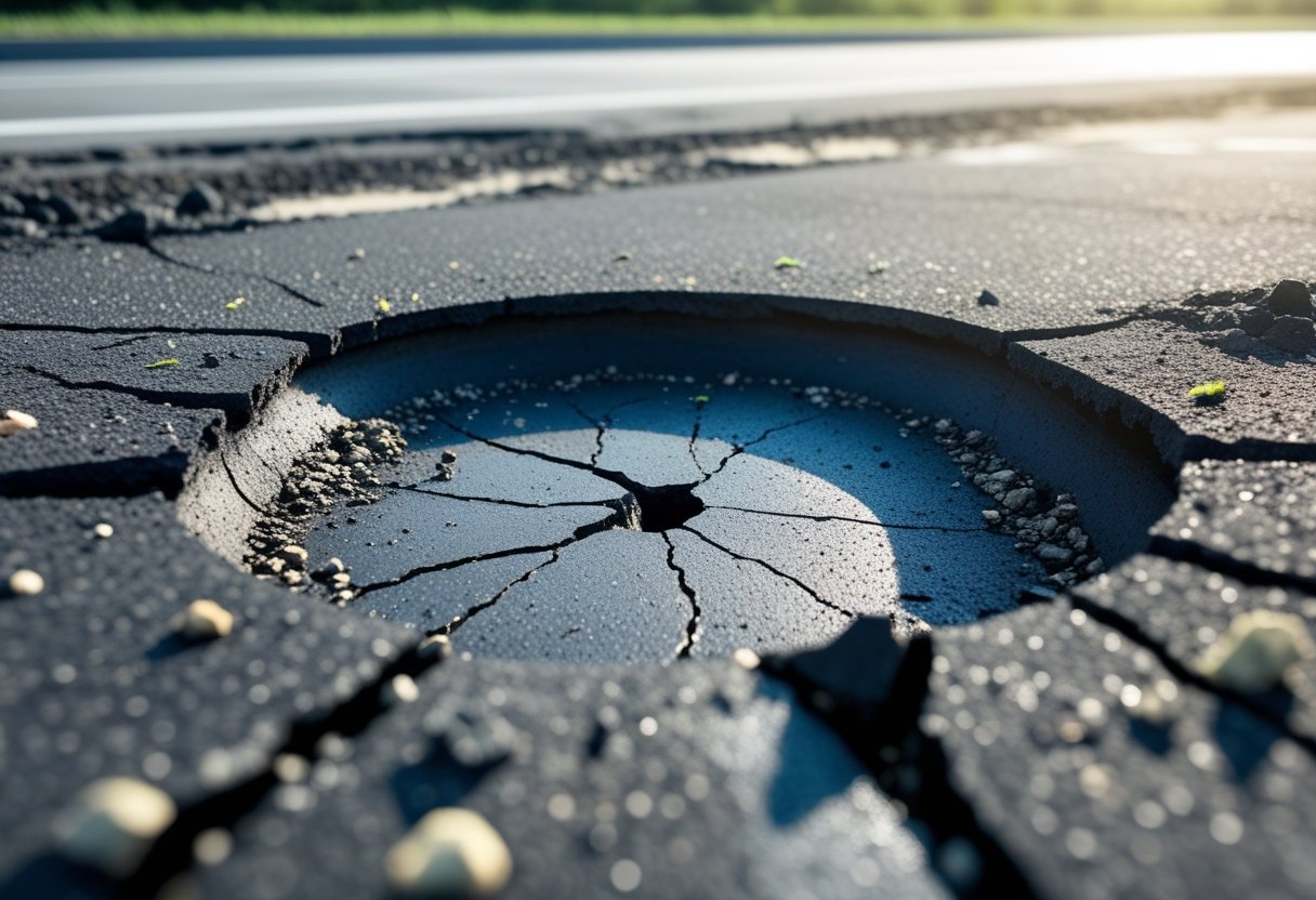Close-up of asphalt pavement with cracks and a small sunken area indicating early sinkhole formation.