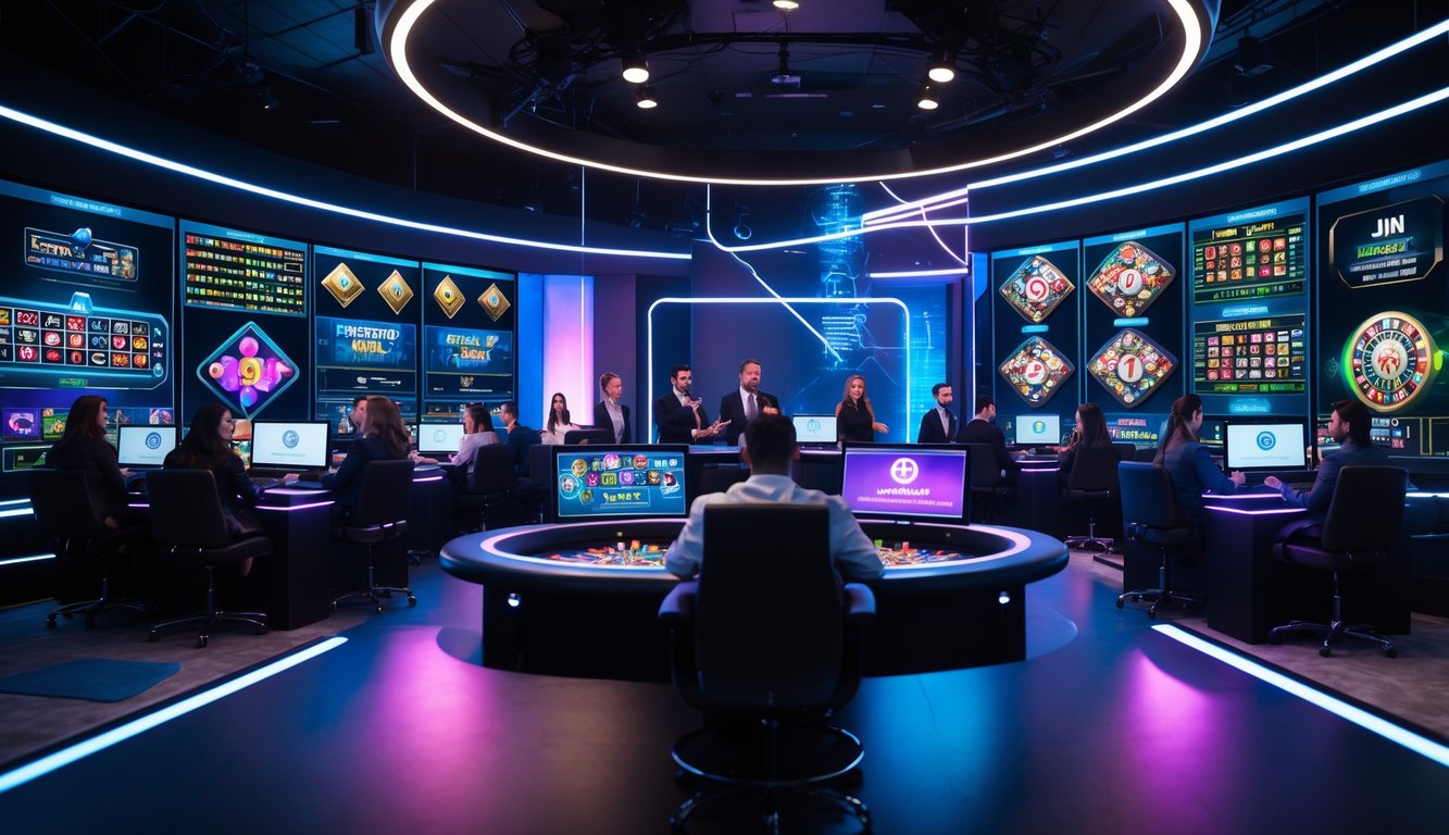 Suasana kasino online langsung dengan dealer yang sedang bermain dan pemain menggunakan perangkat digital dalam lingkungan yang modern dan terintegrasi.