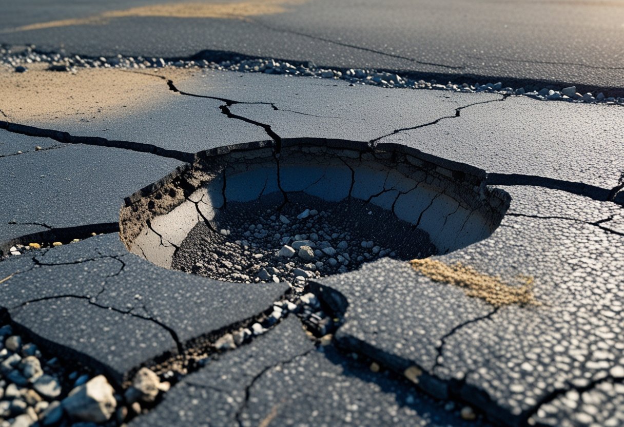 Close-up of asphalt pavement showing cracks and a small depression indicating an early sinkhole.
